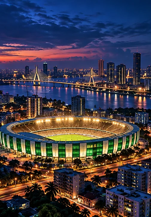 Original editorial illustration of Lagos at dusk and a football stadium